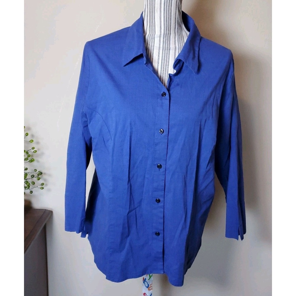 Craft & Barrow Women's 1XL Button Down Top Ocean Blue Cotton‎ Lagenlook Coastal